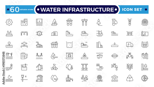 Water Infrastructure and Urban Utility Outline Icon set. A Professional Vector Set Featuring Plumbing Systems, Filtration, and Drainage. Editable stroke outline icon.