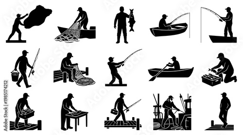 Fishing Industry Black  White Silhouette Icons: Fishermen Activities  Catch