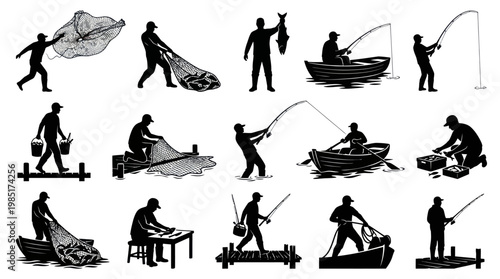 Fishermen Fishing Activities Silhouette Vector Icons Set