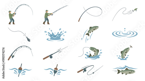 Fishing Icons Set: Flat Design Vector Illustrations of Angling, Fish, and Gear