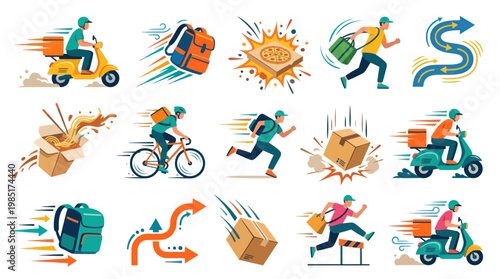 Flat Design Food Delivery Service Icons: Scooter, Bike, Runners, Bags
