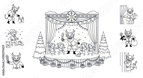 Krampus Christmas Village Scenes Line Art Illustration
