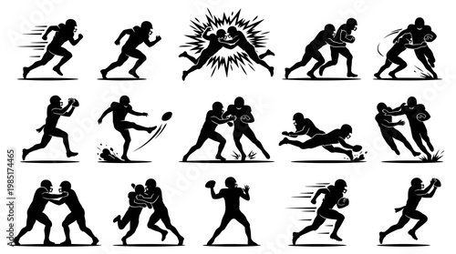 American Football Players Silhouette Vector Icons - Sports Action Art