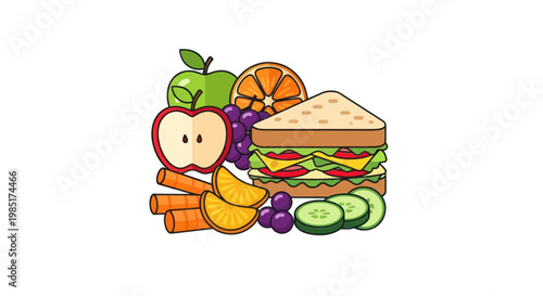 Healthy Lunchbox: Sandwich, Fruits, Vegetables, and Grapes on White Background