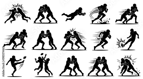 American Football Players Silhouettes, Dynamic Action, Black  White Vector Art