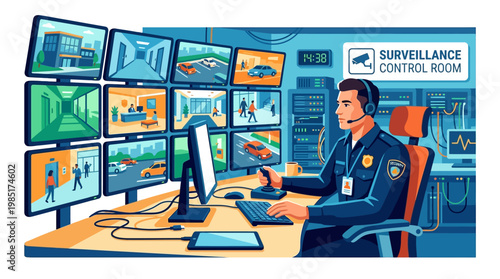 Security guard monitoring surveillance screens in control room.