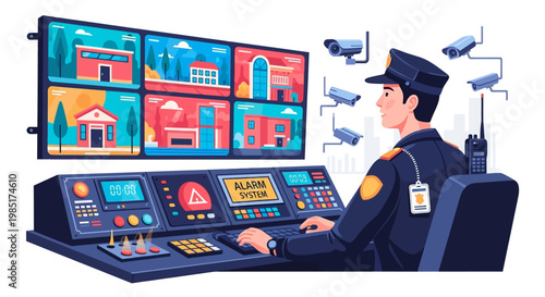 Security Guard Monitoring Surveillance System Screens.