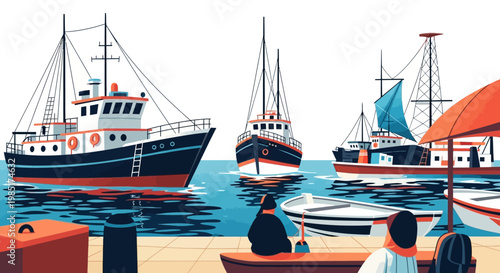 Several boats docked in a harbor with people watching.