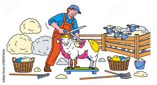 Shepherd shearing a sheep with tools and wool piles.