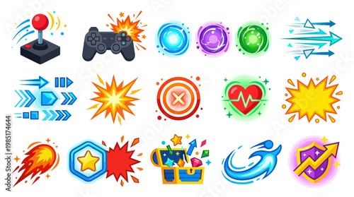 Game Icons: Joystick, Controller, Power-ups, Health, Treasure - Flat Vector Art