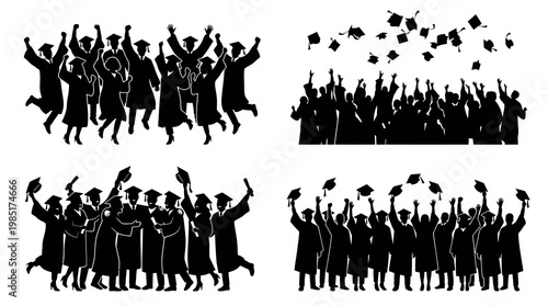 Graduation Silhouettes - Diverse Groups Celebrating Achievement in Black and White