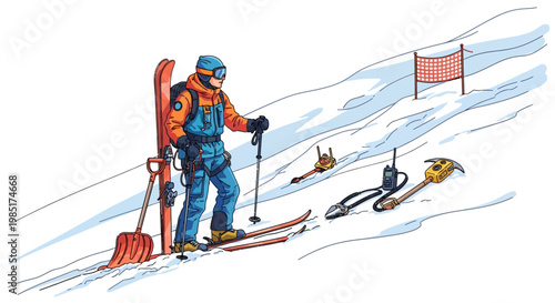 Skier Standing on Snowy Slope with Equipment Ready for Adventure.
