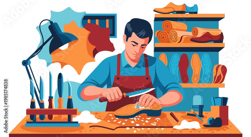 Skilled cobbler meticulously crafting a shoe with precision tools.