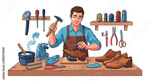 Skilled cobbler meticulously repairing a leather shoe with tools.