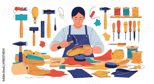 Skilled cobbler meticulously crafting footwear with traditional tools.