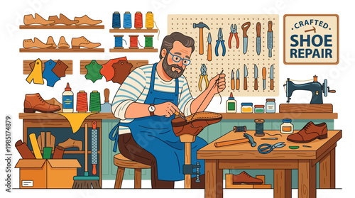 Skilled cobbler meticulously repairs a shoe at his workbench.