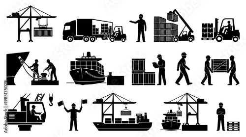 Shipping Logistics Icons: Cranes, Cargo Ships, Forklifts, Workers, Black Glyph