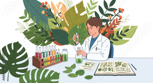 Scientist conducts research with plants in laboratory setting.