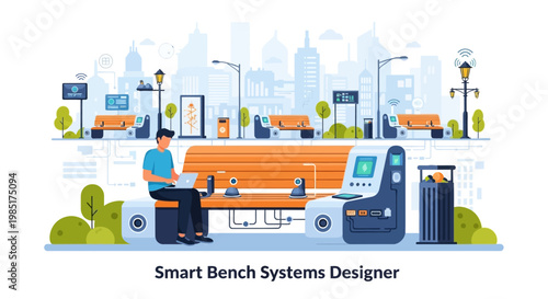 Smart Bench System Designer Working on Laptop Outdoors.