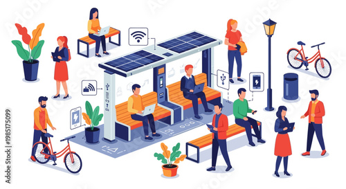 Smart City Bus Stop with People Using Technology.