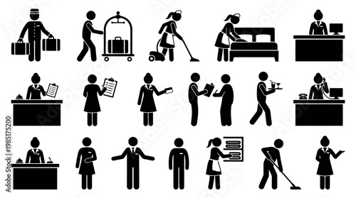 Hotel Staff Icons: Bellhop, Maid, Receptionist, Housekeeping, Black  White Glyphs
