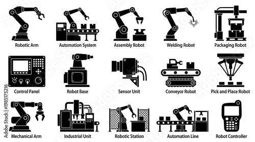 Industrial Automation Robots Icons - Technology  Manufacturing Glyphs
