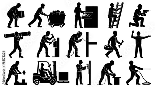Manual Labor Industrial Workers Silhouettes Icons Set - Construction Professions Glyph Art