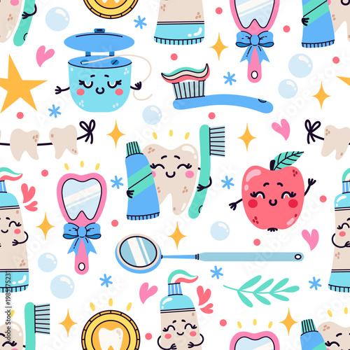 Oral care seamless vector pattern. Cute teeth with a toothbrush, toothpaste. Funny dental floss, a mirror, a tooth fairy coin. Cartoon characters, background with gum treatment and hygiene. Hand drawn