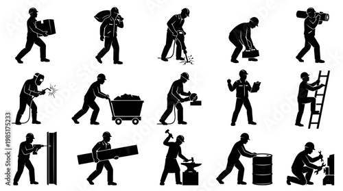 Industrial Construction Workers Silhouettes Set - Tradesmen Glyph Icons Black White Vector