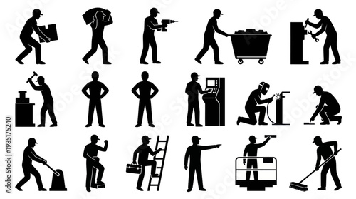 Black  White Glyph Icons: Diverse Workers in Industrial and Construction Settings