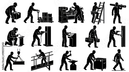Industrial and Construction Workers Glyph Icons Set - Black  White Manual Labor Silhouettes