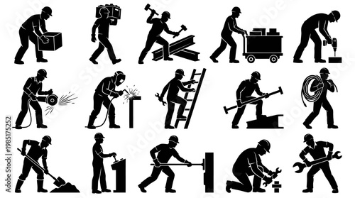 Construction Workers and Tools Black and White Vector Icons Set