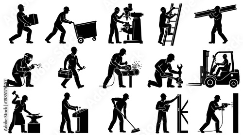 Industrial Labor and Construction Workers Silhouette Icons with Tools, Equipment  Machinery Set