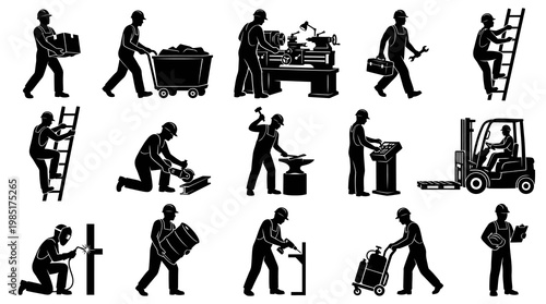 Industrial Workers, Tradesmen  Construction Laborers Silhouettes Icon Set