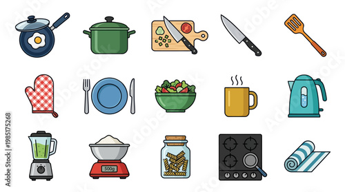 Flat Design Icons of Kitchen Utensils and Appliances