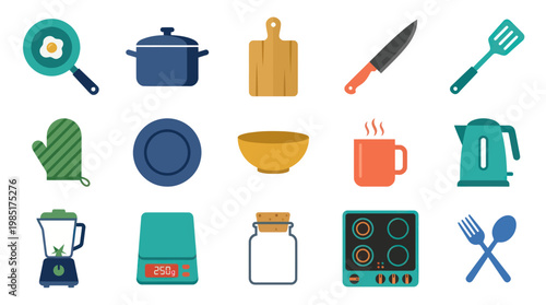 Flat Design Icons of Kitchenware and Cooking Utensils