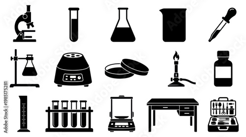 Science Lab Equipment Icons - Black and White Vector Illustrations