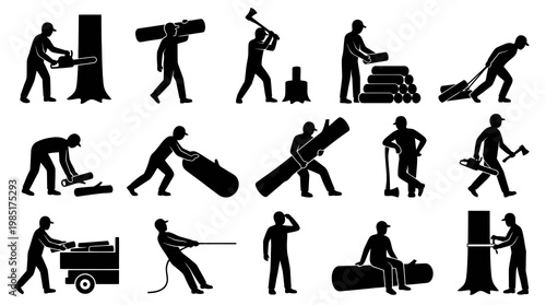 Lumberjack and Woodcutting Silhouettes: Industry, Work, and Forest Icons