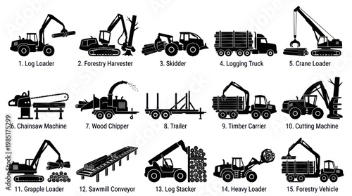 Black and White Line Art Set of Forestry Logging Equipment Icons