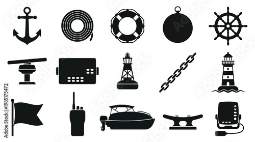Nautical and Marine Boating Equipment Glyph Icons Set - Sea and Navigation Symbols
