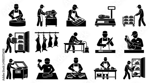 Butchery Icons: Black and White Stick Figures Depicting Meat Processing