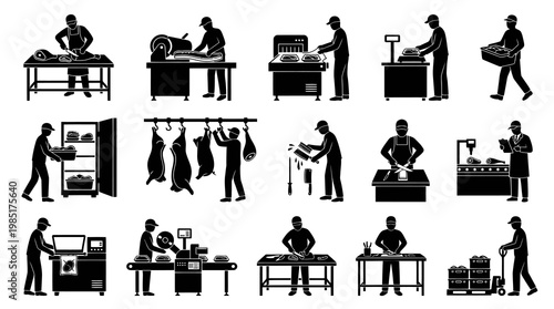 Butcher Meat Processing Industry Black and White Vector Icons Set
