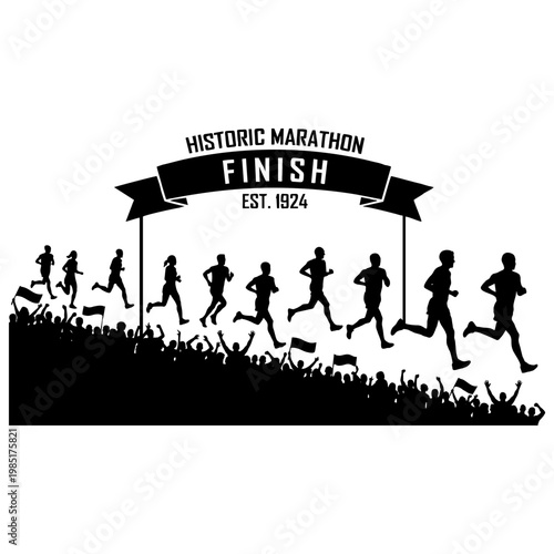 Dynamic vector graphic illustration design showcasing multiple marathon runners crossing a historic finish line, cheered on by an enthusiastic crowd.