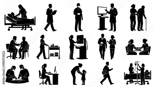 Medical Healthcare Silhouettes: Doctors, Nurses, Patients, Surgery, Clinic Icons