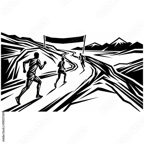 Energetic vector illustration depicting three determined athletes intensely racing, approaching a significant finish line banner in a challenging competitive event.