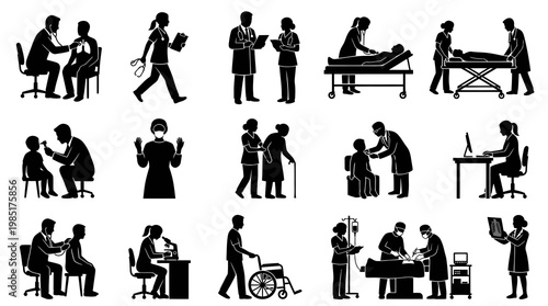 Medical Healthcare Icons Set: Doctors, Nurses, Patients, Black  White Silhouettes