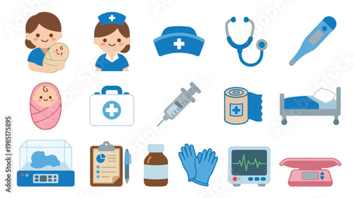 Flat Medical and Healthcare Icons Set: Obstetrics, Pediatrics, Nurse, Baby  Hospital Equipment Vector