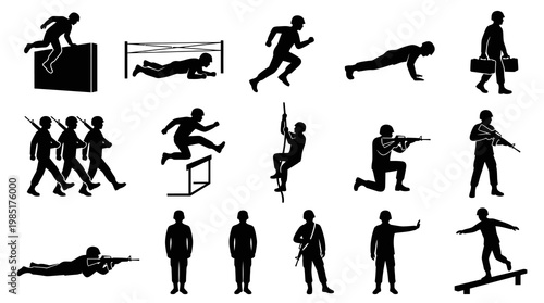 Military Training Obstacle Course Icons - Silhouette Vector Art