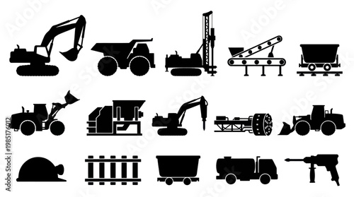 Mining Industry Equipment Icons Set Black and White Vector Glyph