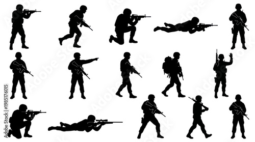 Military Soldier Silhouettes - Various Poses, Vector Icon Set